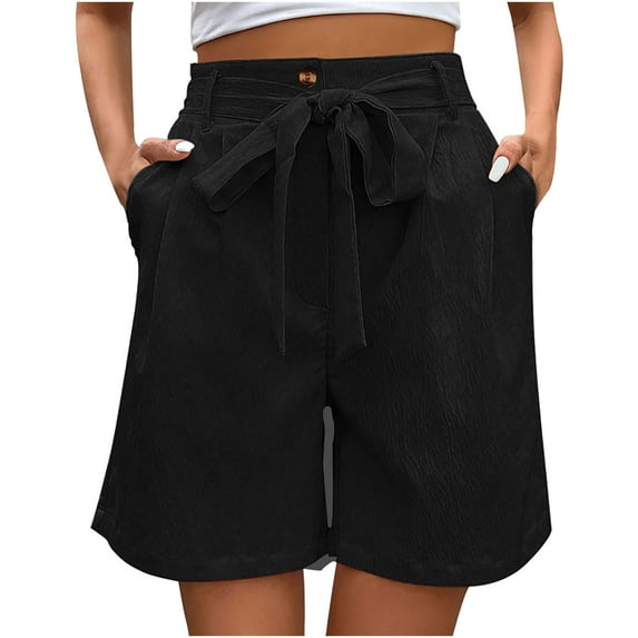Women's Summer Casual Shorts Comfy Polyester Lightweight Loose Elastic Waist Straight Leg Short Pants with Belt (L, Black)