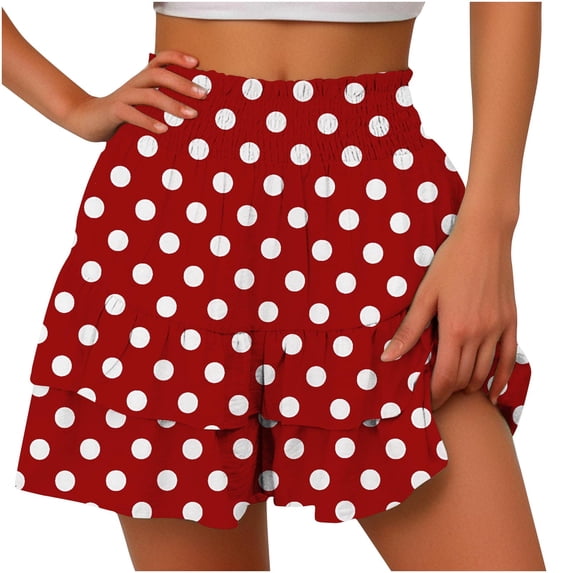Women's Summer Casual Shorts Elastic High Waisted Ruffle Tiered Flowy Skorts for Woman Polka Dots Daily Beach Lounge Shorts Size S-2XL