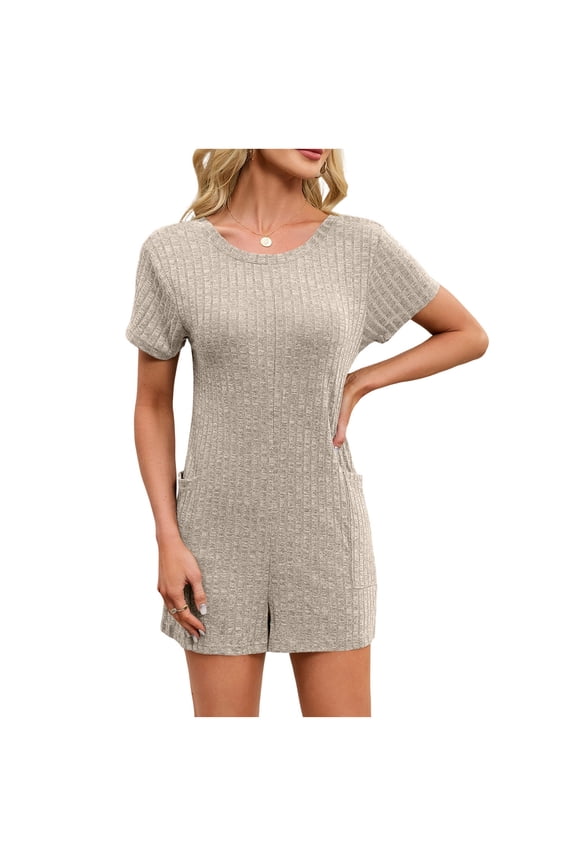 Women's Summer Casual Shorts Romper Short Sleeve Crewneck Loungewear One Piece Jumpsuits with Pockets Khaki S