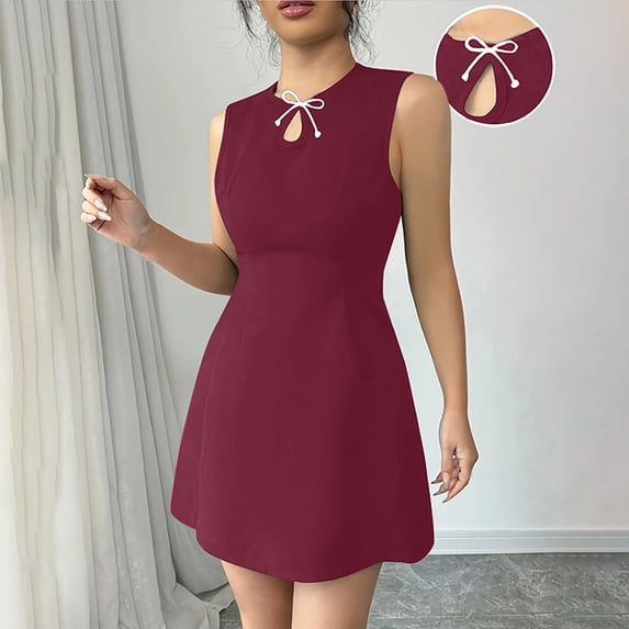 Women's Summer Casual Sleeveless Beach Dress Women's Fashion Sleeveless slim round neck Bow dress Sleeveless round neck dress Wine S