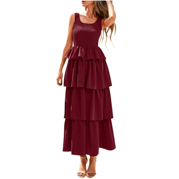 Women's Summer Casual Sleeveless Crewneck Sundress Aline Flowy Tiered Maxi Long Cotton Beach Dress Burgundy
