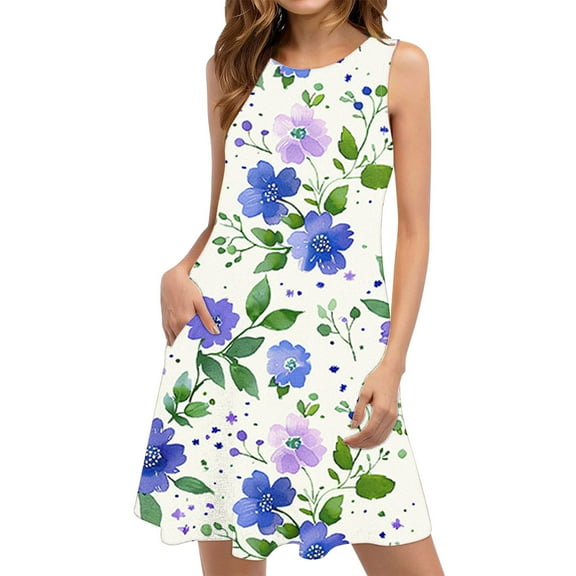 ZQUUVOU Women's Summer Casual Sleeveless Dress Printed Floar Pleated Dresse Multicolor