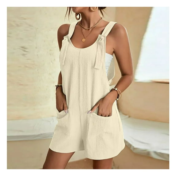 Women's Summer Casual Sleeveless Rompers Loose Fit Spaghetti Strap Shorts Jumpsuit Beach Cover Up with Pockets-Apricot Color&39.3inch/185cm