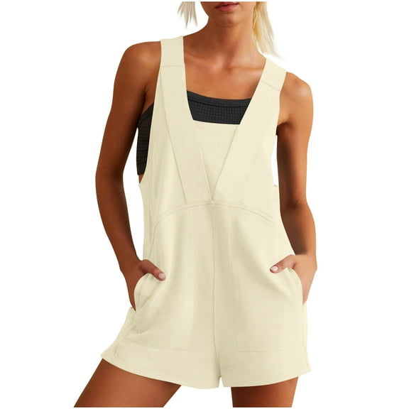 Women's Summer Casual Sleeveless Rompers Loose Spaghetti Strap Denim Shorts Overalls Jumpsuit with Pockets