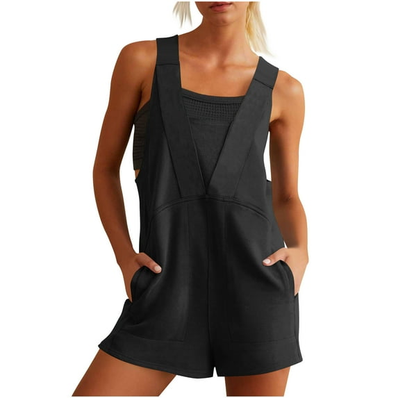 Women's Summer Casual Sleeveless Rompers Loose Spaghetti Strap Denim Shorts Overalls Jumpsuit with Pockets