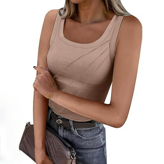 Women's Summer Casual Sleeveless Solid Tank Top U-Neck Ribbed T-shirt