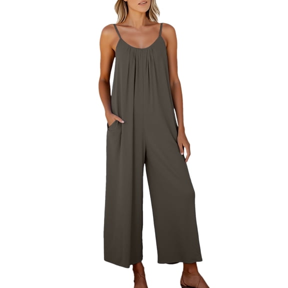 Women's Summer Casual Sleeveless Spaghetti Strap Jumpsuit Wide Leg Romper Trendy Outfit Pure Color Comfortable Stretchy Lightweight Breathable