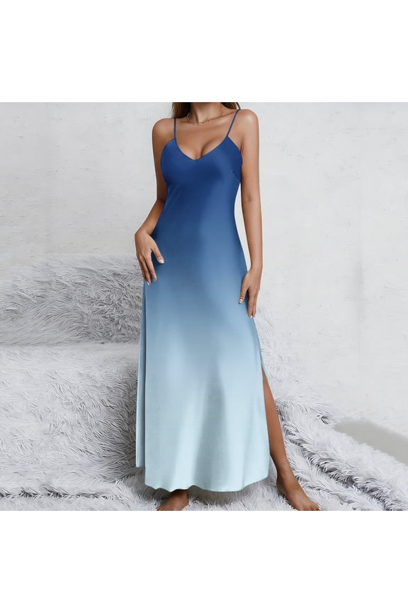 Women's Summer Casual Sleeveless V-Neck Split Color Strap Dress with Side Slit