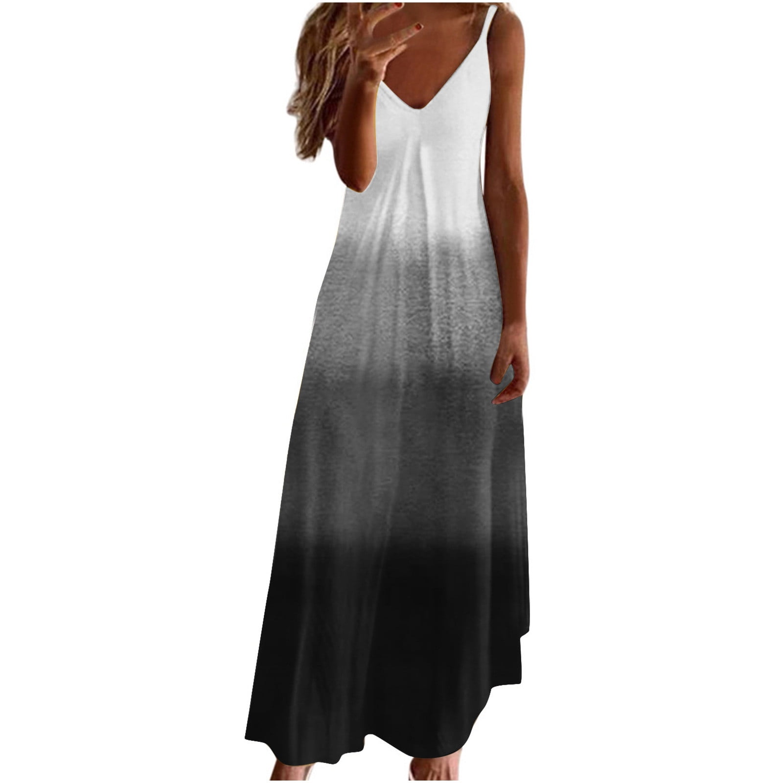 RPVATI Women Casual Dresses Tie-Dye V Neck Spaghetti Strap Sundresses  Sleeveless Loose Maxi Dress Dark Gray L 