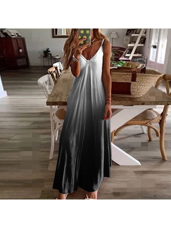 Women's Summer Casual Sleeveless V Neck Strappy Split Loose Dress Beach Cover Up Long Cami Maxi Dresses with Pocket White S