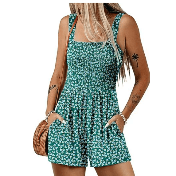 Women's Summer Casual Smocked Rompers Square Neck Sleeveless Loose Shorts Jumpsuit Beach Vacation Outfits with Pockets