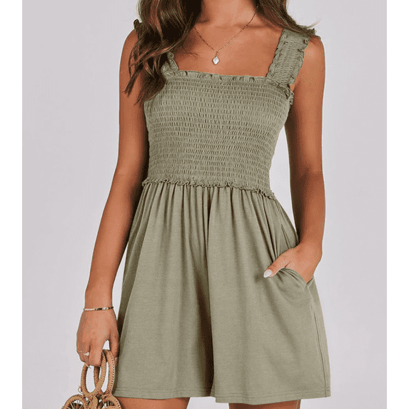Women's Summer Casual Smocked Rompers Square Neck Sleeveless Loose Shorts Jumpsuit Beach Vacation Outfits