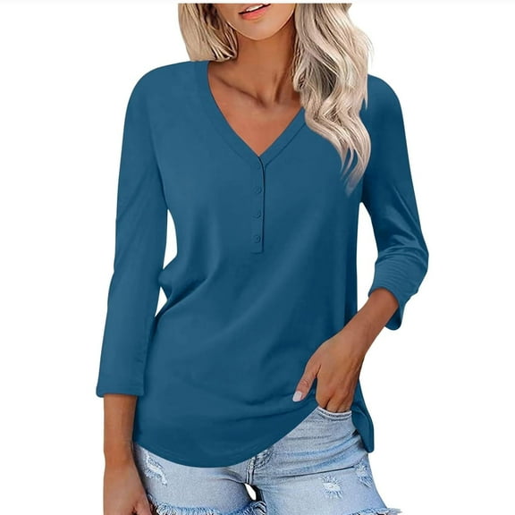 Women's Summer Casual Solid Color Button Three-quarter Sleeve-neck Top