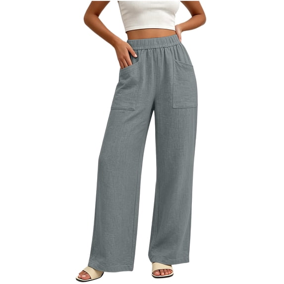 Women's Summer Casual Solid Color Denim Two Pocket Elastic Waist Straight Leg Pants