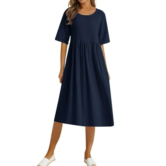Women's Summer Casual Solid Color Loose Cotton Linen Long Dress Crew Neck Short Sleeve Flowy Pleated Waist Mid Length Dress
