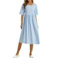 thumbnail image 1 of Women's Summer Casual Solid Color Loose Cotton Linen Long Dress Crew Neck Short Sleeve Flowy Pleated Waist Mid Length Dress, 1 of 1