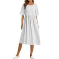 thumbnail image 1 of Women's Summer Casual Solid Color Loose Cotton Linen Long Dress Crew Neck Short Sleeve Flowy Pleated Waist Mid Length Dress, 1 of 1