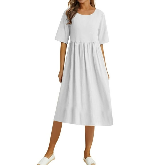 Women's Summer Casual Solid Color Loose Cotton Linen Long Dress Crew Neck Short Sleeve Flowy Pleated Waist Mid Length Dress