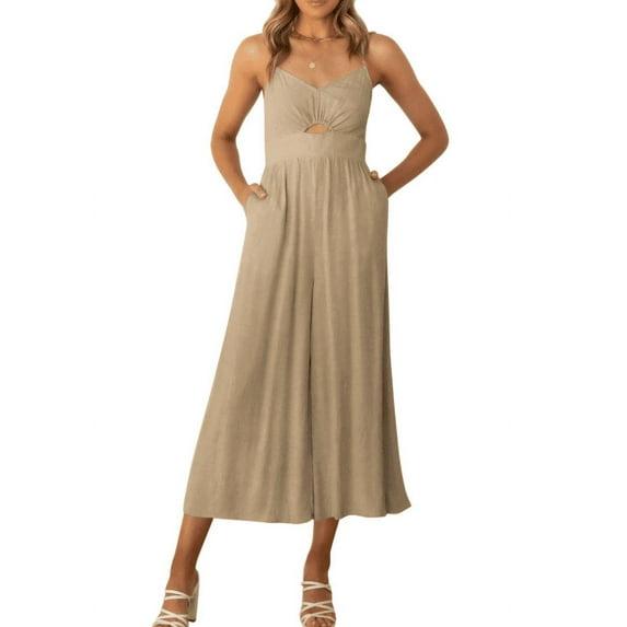 Women's Summer Casual Spaghetti Straps Sleeveless V Neck Cutout High Waist Wide Leg Jumpsuits Rompers with Pockets
