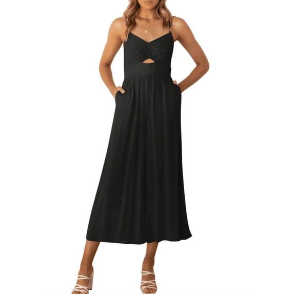 Women's Summer Casual Spaghetti Straps Sleeveless V Neck Cutout High Waist Wide Leg Jumpsuits Rompers with Pockets