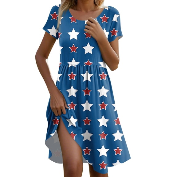 Women's Summer Casual Star Print Short Sleeve Dress, Breathable Round Neck Midi Dress for 4th of July & Patriotic Events,Dark Blue S