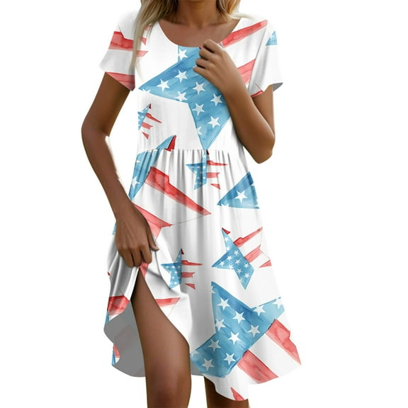 Women's Summer Casual Star Print Short Sleeve Dress, Breathable Round Neck Midi Dress for 4th of July & Patriotic Events,Dark Gray XL