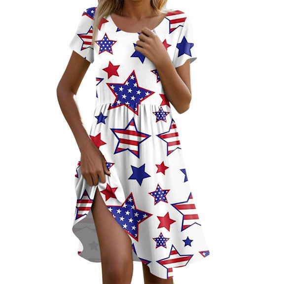 Women's Summer Casual Star Print Short Sleeve Dress, Breathable Round Neck Midi Dress for 4th of July & Patriotic Events,Ginger L