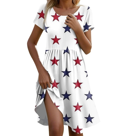 Women's Summer Casual Star Print Short Sleeve Dress, Breathable Round Neck Midi Dress for 4th of July & Patriotic Events,Gray 2XL