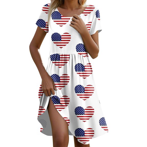 Women's Summer Casual Star Print Short Sleeve Dress, Breathable Round Neck Midi Dress for 4th of July & Patriotic Events,Navy M