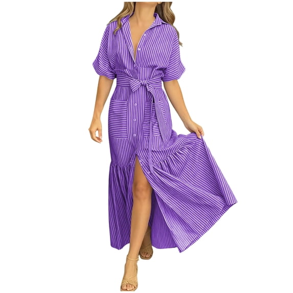 Women's Summer Casual Striped Button Down Maxi Dress Tie Waist Short Sleeve Shirt Dress with Pockets with Slit Front Purple