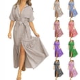 thumbnail image 1 of Women's Summer Casual Striped Button Down Maxi Dress Tie Waist Short Sleeve Shirt Dress with Pockets with Slit Front Red, 1 of 5