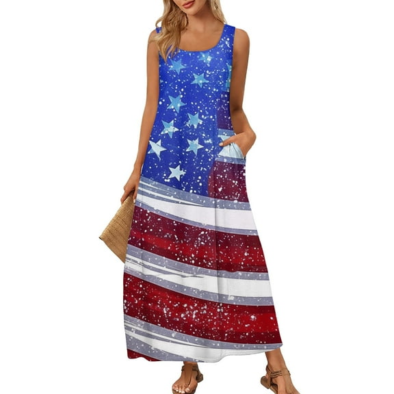 Women's Summer Casual Sundress Sleeveless Round Neck Long Dress with Independence Day Print, Perfect for Outdoor Events,Blue S