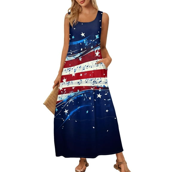 Women's Summer Casual Sundress Sleeveless Round Neck Long Dress with Independence Day Print, Perfect for Outdoor Events,Dark Blue S