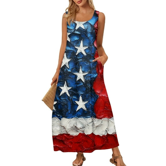 Women's Summer Casual Sundress Sleeveless Round Neck Long Dress with Independence Day Print, Perfect for Outdoor Events,Navy XL