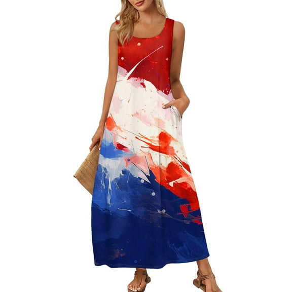 Women's Summer Casual Sundress Sleeveless Round Neck Long Dress with Independence Day Print, Perfect for Outdoor Events,Red S