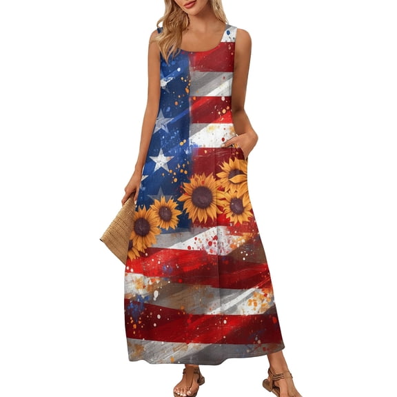 Women's Summer Casual Sundress Sleeveless Round Neck Long Dress with Independence Day Print, Perfect for Outdoor Events,Wine M