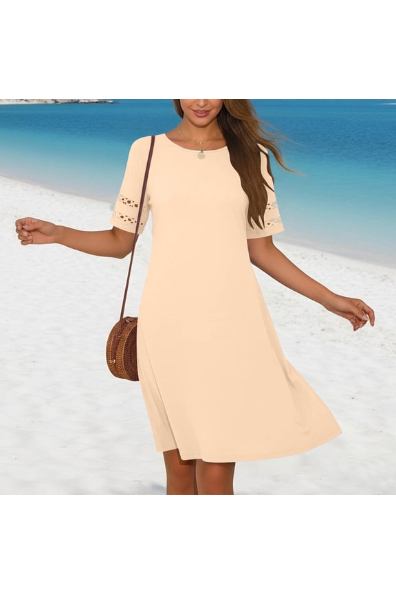 Women's Summer Casual T Shirt Dress Hollow out Lace Short Sleeve Beach Vacation Solid Color A-Line Dresses Goth Dress Beige XXL