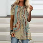 SCKARLE Women's Summer Casual T-Shirt V-Neck Short Sleeve Tunic Dress Tops for Leggings Fashion Trendy Printed Loose Blouse Shirt