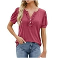 thumbnail image 1 of Women's Summer Casual T-Shirts Puff Short Sleeve Henley V Neck Button Tops Ribbed Knit Slim Fit Basic Tees, 1 of 5