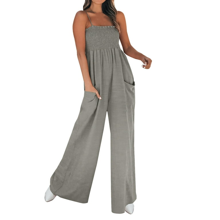 Women's Summer Casual Tie Strap Wide Leg Jumpsuit Square Neck Smocked Flowy  Long Pants Rompers with Pockets