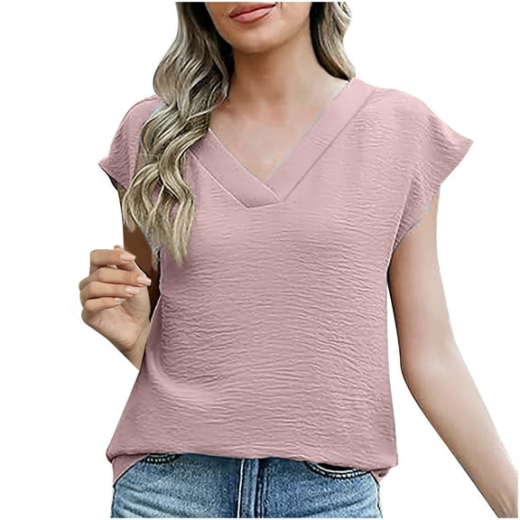 Women's Summer Casual Top V Neck Sleeveless Shirts Ice Silk Fabric Cap Sleeves Tank Tops Basic Tees