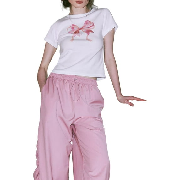 Women's Summer Casual Tops Short Sleeve Crop Tops Crewneck Tie Print Tshirts Loose Fit Shirts Blouse for Vacation