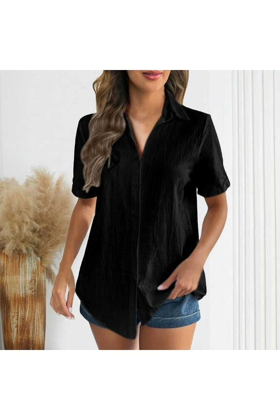 Women's Summer Casual Tops Solid Color New Cotton and Linen Short Sleeved Cardigan Collar Shirt