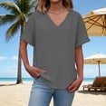 thumbnail image 1 of Women’s Summer Casual Tops Solid Color V-Neck Linen Basic T Shirt Vacation Everyday Short Sleeve Tops Gray L, 1 of 8