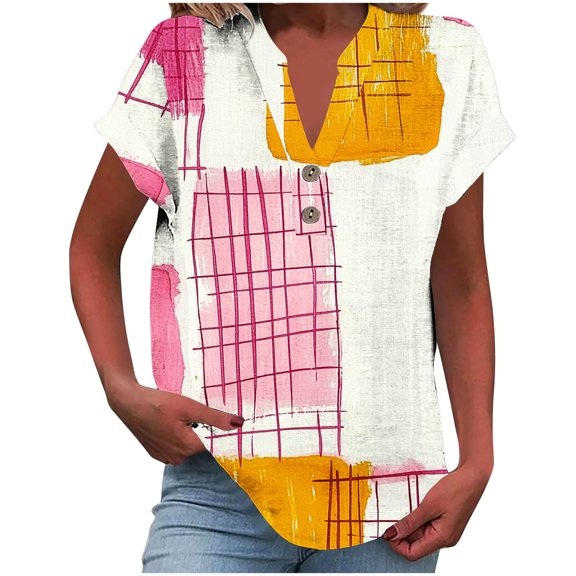 Women's Summer Casual Tops V Neck Button Floral Printed Short Sleeve Plus Size Shirts Loose Fit Basic Blouses (5XL, Pink)