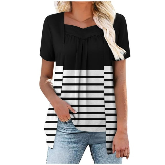 Women's Summer Casual Tops V Neck Striped Short Sleeve Shirts 2 in 1 Style Pullover Fashion Loose Basic Blouses (2XL, Black)