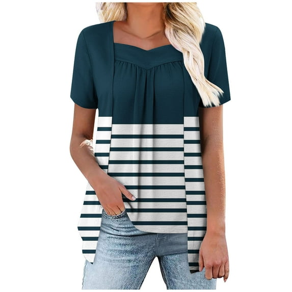 Women's Summer Casual Tops V Neck Striped Short Sleeve Shirts 2 in 1 Style Pullover Fashion Loose Basic Blouses (L, Navy)