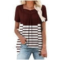 thumbnail image 1 of Women's Summer Casual Tops V Neck Striped Short Sleeve Shirts 2 in 1 Style Pullover Fashion Loose Basic Blouses (M, Brown), 1 of 1