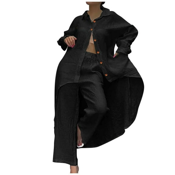 Women's Summer Casual Trousers Suit Set Fashionable Long Sleeved Top with Irregular Hem Stylish Comfortable Outfit for Daily Wear