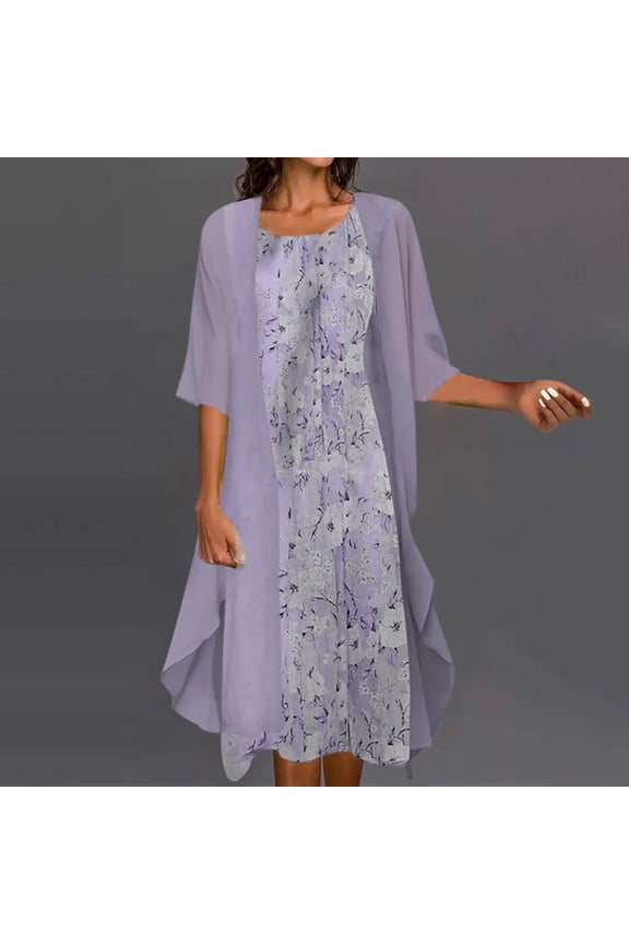 Women's Summer Casual Two Piece Dress Set Half Sleeve Smock Top and Knee Length Beach Dress Crewneck Polyester Outfit